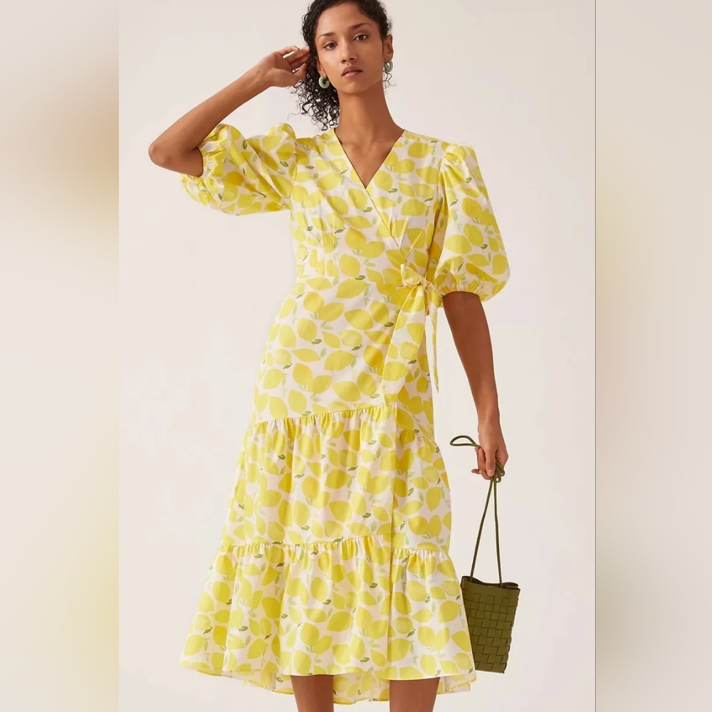 Anthropologie Hutch V-Neck Tiered Wrap Midi Lemon Dress Size M
